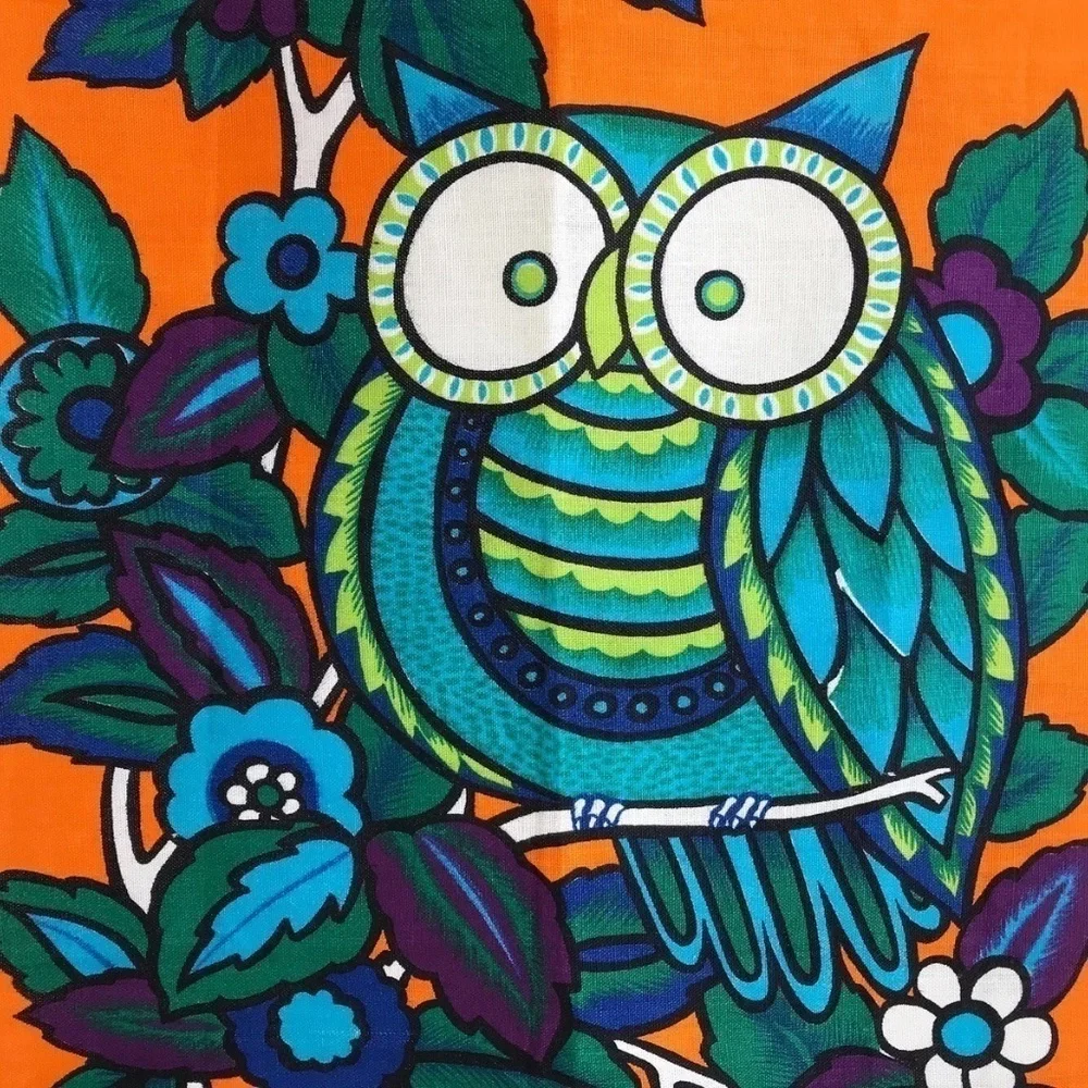 Vintage 1960s Irish Linen Wise Owl Textile Wall Hanging
